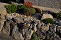 Dry gray wall, folded boulders without the use of cement. the art of folded retaining walls. very colorful rock gardens like the r Royalty Free Stock Photo