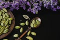 Dry green cardamom seeds on black background in vintage cooper oriental design dish and spoon. Cardamom. Royalty Free Stock Photo