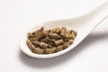 Dry green medical herbal tea in white ceramic spoon