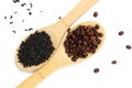 Dry herbal tea and coffee beans lie on wooden spoons and on a white background Royalty Free Stock Photo