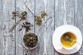 Dry herbal tea and cup of tea. Chamaenerion, chamomile, OrÃÂ­ganum and Filipendula on gray wooden table Royalty Free Stock Photo