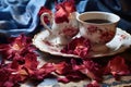 dry hibiscus petals strewn on a table with a vintage teacup and saucer Royalty Free Stock Photo