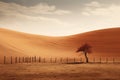 The dry hills look like sand dunes with a lone tree and a fence on the farm. A concept reflecting global warming or climate change