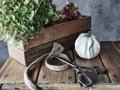 Dry hydrangea in wooden box, white decorative pumpkin and scissors on table