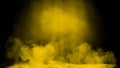 Dry ice smoke clouds fog floor texture. Perfect yellow spotlight mist effect on isolated black background. Design element Royalty Free Stock Photo