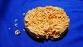 Dry instant noodles on white background, Top view pasta, Japanese ramen noodles.