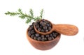 Dry juniper berries with a green branch, isolated on white background. Common Juniper fruits in wooden bowl and spoon Royalty Free Stock Photo