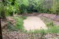 Dry land with broken soil represent hot weather and global warming. Aerial view showing low water level . Climate change and droug