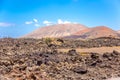 Dry lava field with volcans in background - Timanfaya national park