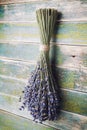 Dry lavender bunch hanging on vintage wooden board. Rustic style.