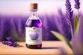 Generative AI: Dry lavender flowers, bottle of essential oil or flavored water Royalty Free Stock Photo