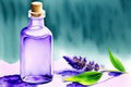 Generative AI: Dry lavender flowers, bottle of essential oil or flavored water Royalty Free Stock Photo