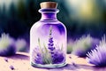 Generative AI: Dry lavender flowers, bottle of essential oil or flavored water Royalty Free Stock Photo