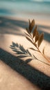 Dry leaf casting shadow on light colored sand in warm diffuse sunlight creating calm mood Royalty Free Stock Photo