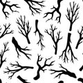 Dry leafless branches seamless vector pattern. Hand-drawn elements on a white background. Black silhouettes of bare twigs.