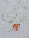 Dry leaves and handwritten `heart `on sand beach