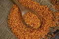 Dry lentils spoon on wooden background agriculture