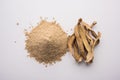 Dry mango powder is an indian spice amchoor with raw dried fruit