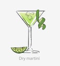 Dry martini cocktail. Cocktail, green with slice lime green peel alcoholic aperitif based vodka.