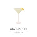 Dry Martini Cocktail in glass with ice garnished with lemon twist. Summer aperitif recipe retro minimalistic square card