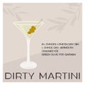 Dry Martini Cocktail in glass with ice and stuffed olives on skewer. Summer aperitif recipe retro elegant square card