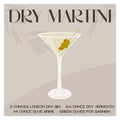 Dry Martini Cocktail in glass with ice and stuffed olives on skewer. Summer aperitif recipe retro elegant square card