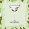 Dry martini cocktail illustration. Alcoholic bar drink hand drawn. Pop art Royalty Free Stock Photo