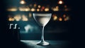 A dry Martini in a frosted glass, set on a dark bar surface, ambient bar lights blurred in the background.. AI generated