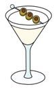 Dry Martini variation cocktail in specific glass. Gin based transparent drink garnished with olives. Stylish doodle Royalty Free Stock Photo