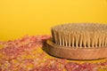 Dry massage brush with natural bristle, ecological cosmetics, home care. Natural sea salt Bamboo Brush for dry anti