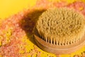Dry massage brush with natural bristle, ecological cosmetics, home care. Natural sea salt Bamboo Brush for dry anti