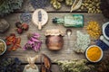 Dry medicinal herbs, plants, roots, ingredients for making of herbal medicine drugs, bottle of infusion, jar of ointment, mortar. Royalty Free Stock Photo