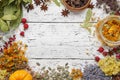 Dry medicinal herbs, roots, ingredients for making of herbal medicine drugs, tea or infusion on wooden background. Royalty Free Stock Photo