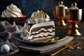 dry meringue cake with glossy chocolate and cream layers