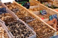 Dried mushrooms at a farmer market in France, Europe. Italian mushroom. Street French market at Nice.