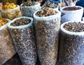 Dry mushrooms on display at Old Quarter morning market in Hanoi Royalty Free Stock Photo