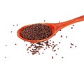 Dry mustard black seeds in wooden spoon isolted on the white background Royalty Free Stock Photo