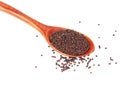 Dry mustard black seeds in wooden spoon isolted on the white background Royalty Free Stock Photo