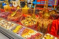 Dry nuts in chocolate in showcase of Hafiz Mustafa confectionery, Dubai Mall, on March 7 in Dubai, UAE