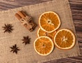 Dry orange oranges. Dried citrus fruits. Tropical fruit. On a brown background. Royalty Free Stock Photo