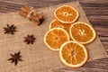 Dry orange oranges. Dried citrus fruits. Tropical fruit. On a brown background. Royalty Free Stock Photo