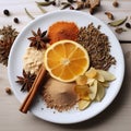 dry orange peel, cinnamon, brown sugar powder, dry cloves, bay leaves, dry star anise, dry apple slices 2 Royalty Free Stock Photo