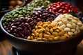 Dry Organic Assorted Bean, Colorful organic beans on a burgundy background, Many variety of beans