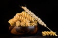 Dry pasta closeup uncooked on background