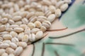 Dry pearl barley grain seed close up on colorful  bowl on table, top view Royalty Free Stock Photo