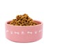 dry pet food in bowl isolated on white background. copy space, template Royalty Free Stock Photo