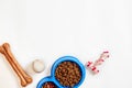 Dry pet food in bowl and toys for dogs on white background top view Royalty Free Stock Photo