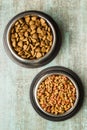 Dry pet food. Dry kibble food in metal bowl.