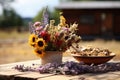 dry potted flower centerpiece on a picnic table outdoors