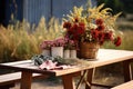 dry potted flower centerpiece on a picnic table outdoors